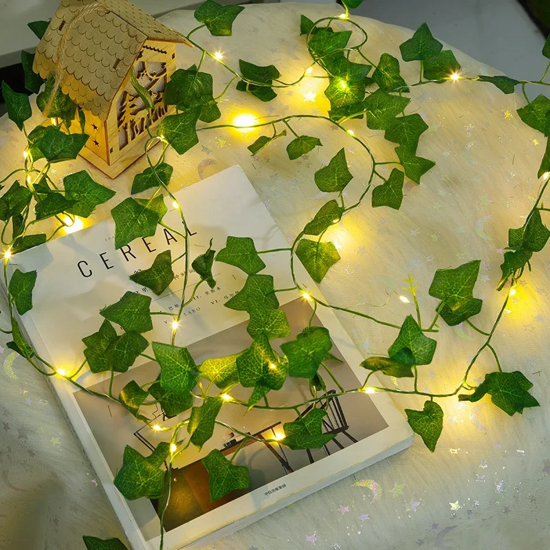 LED الورقة الخضراء الأسلاك النحاسية ضوء سلسلة غرفة داخلية الديكور النباتات الخضراء تخطيط جو ديكور المنزل