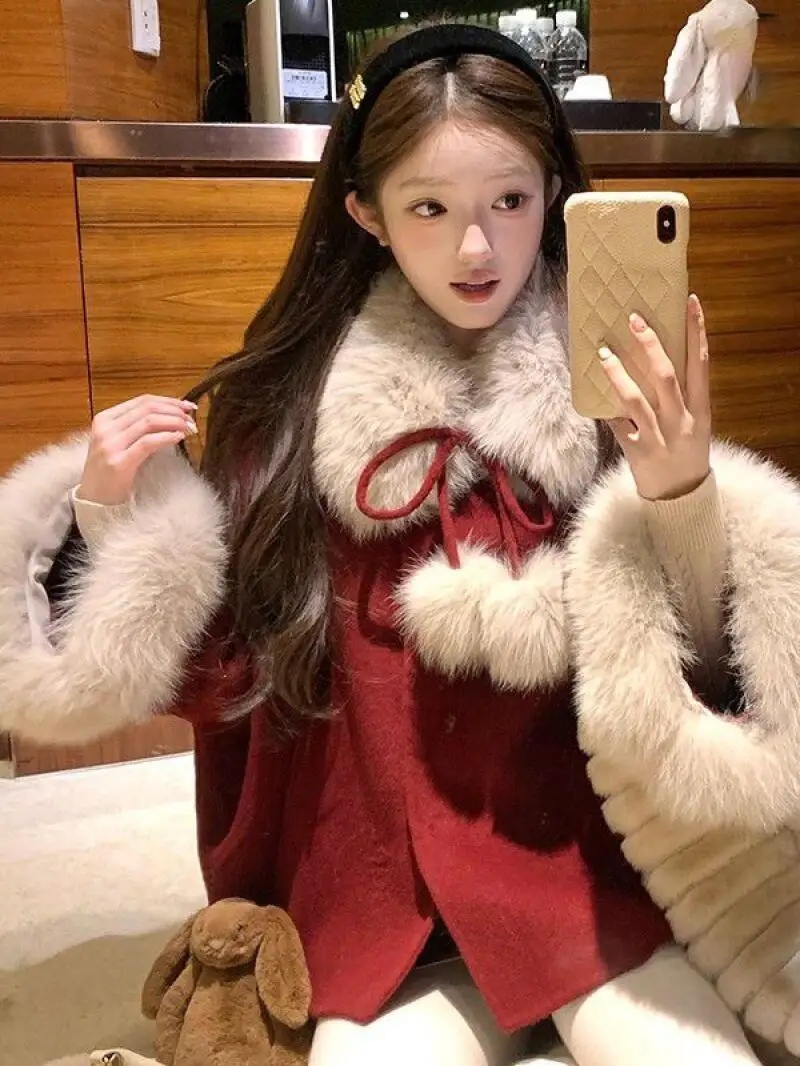 한국 스타일 여성 레드 케이프 울 코트와 스커트 세트 여성 겨울 신년 파티 의상 우아한 패션 아우터웨어 귀여운 카와이