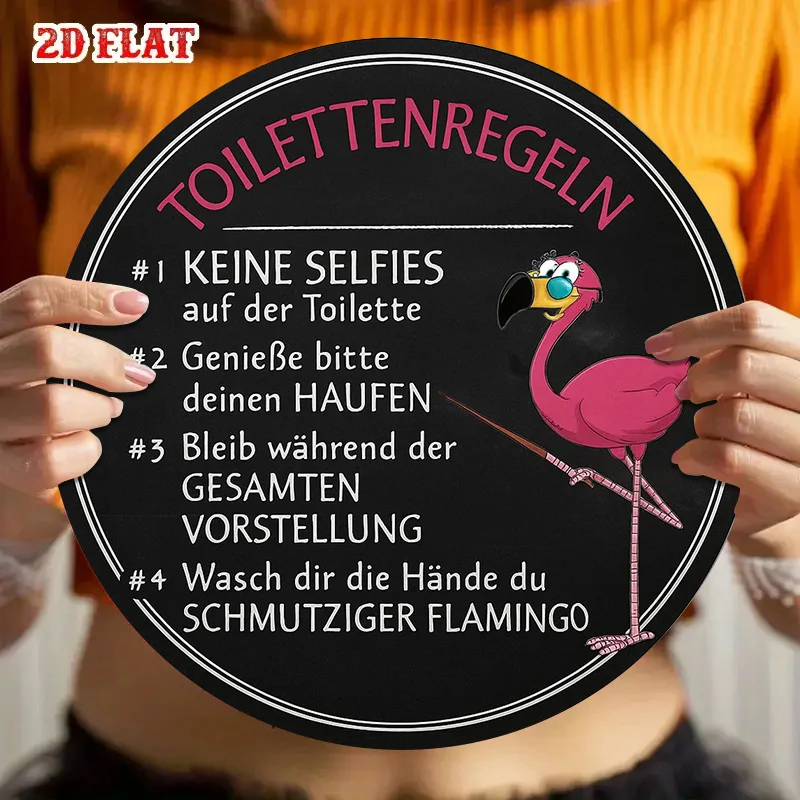 1pc German Toilet Rules Sign with Pink Flamingo & English Translation - 20.32x20.32 cm Retro Bathroom Plaque, Humorous
