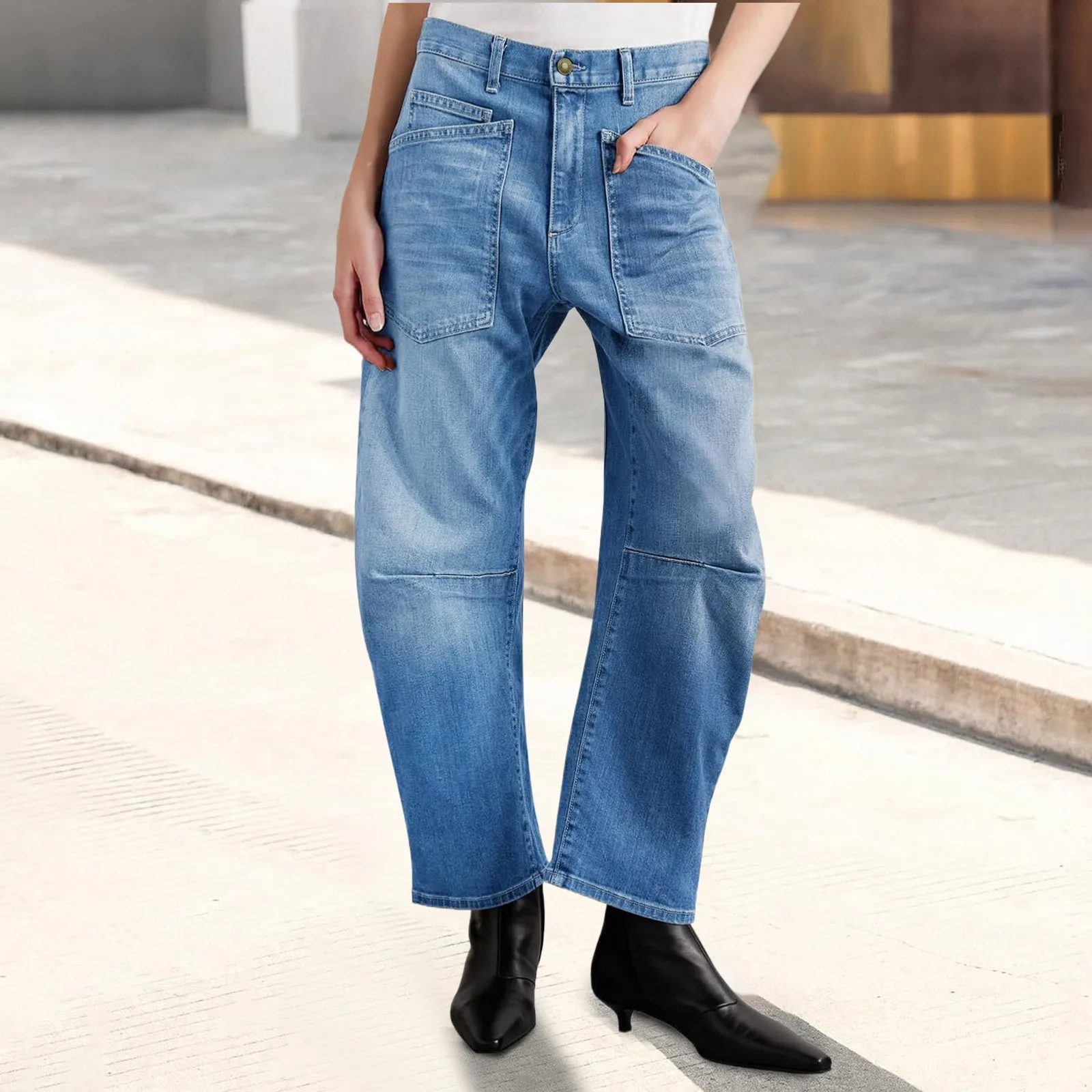 بنطال جينز نسائي كلاسيكي Y2k فضفاض عالي الخصر وواسع الساق من قماش الدنيم مع جيوب متعددة ملابس الشارع