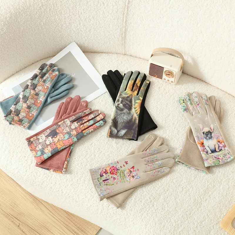 Cartoon Printing Cute Cat Dog Oil Painting Suede Gloves Women Winter Thickened Warm Touchscreen Gloves Student Girl Prevent Cold