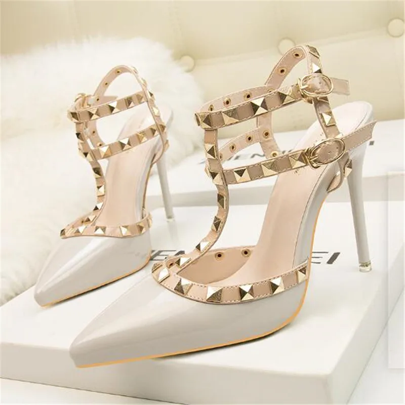 2023 NEW 10CM PUMPS Fashion Rivet Ladies Pointed Toes Shallow Mouth High Heel Single Shoes Women's Summer New Style Sandals