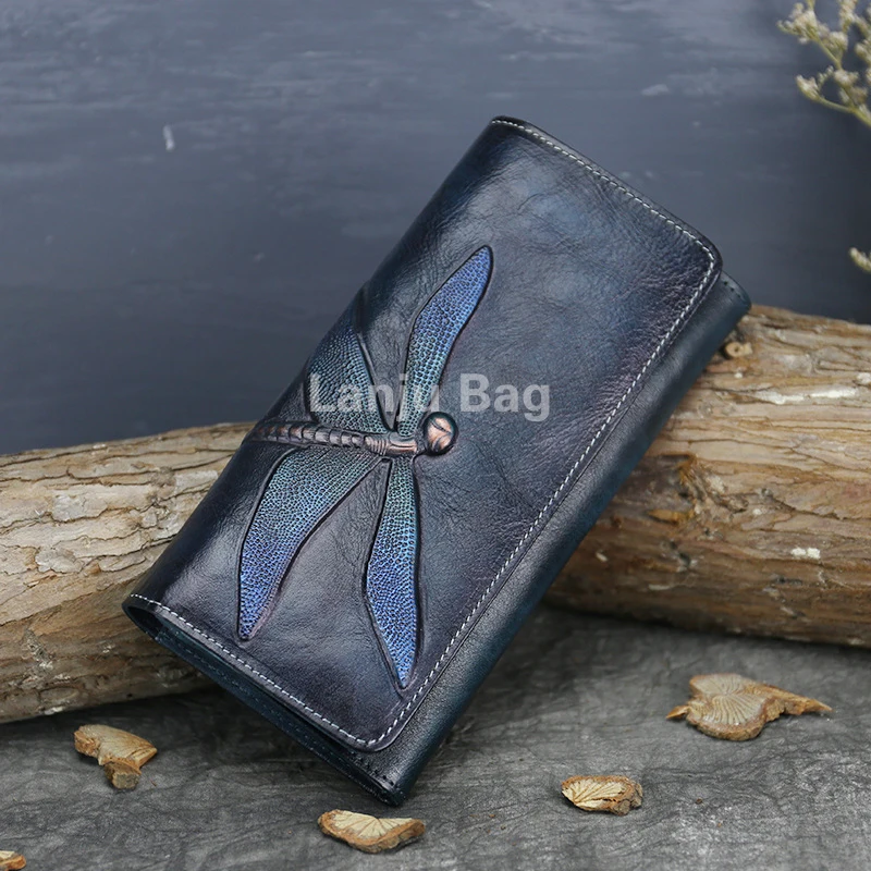 Original Handmade Vintage Wallet Fashion Dragonfly Embossed Long Handheld Bag Credit Card Card Card Holder Cheque Book