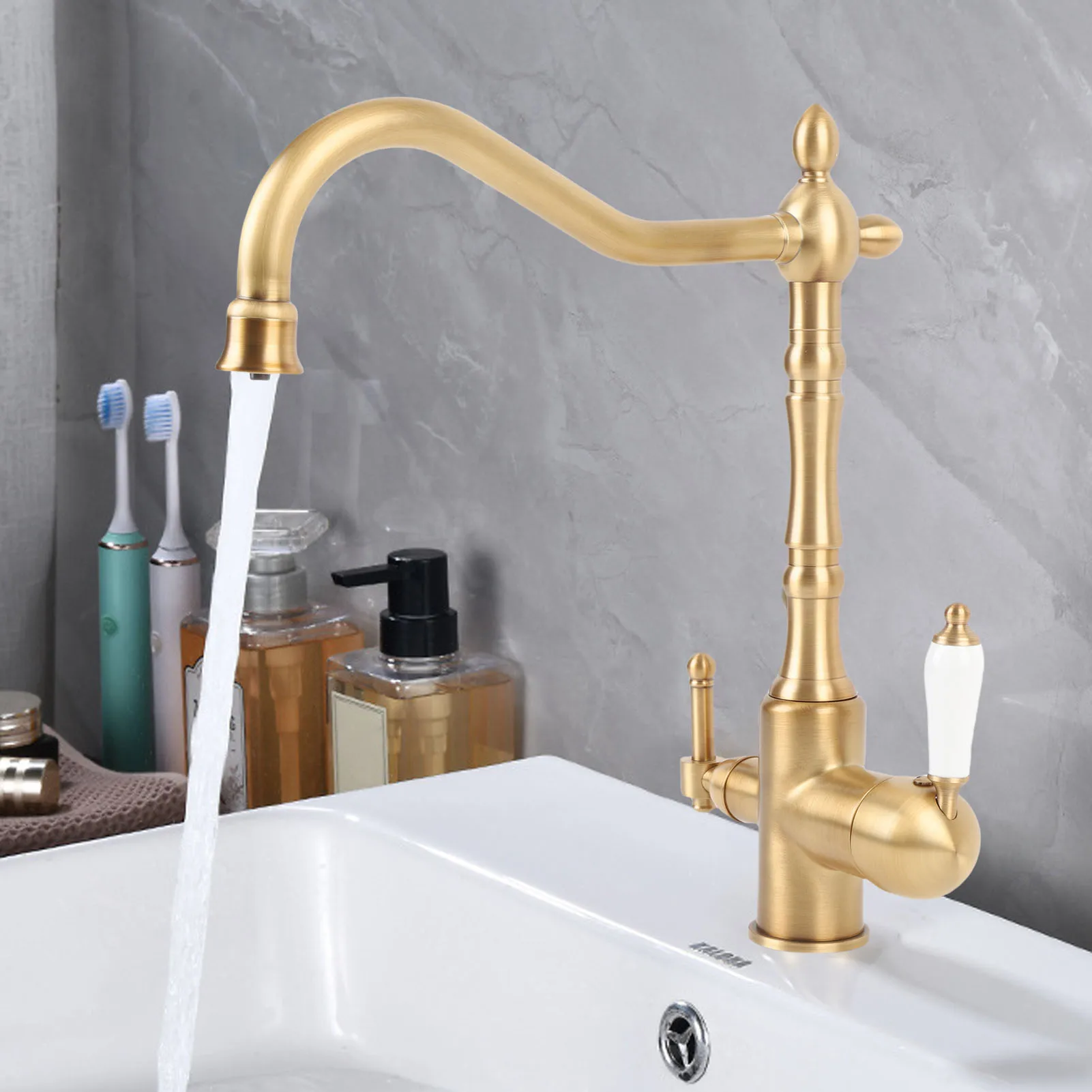 

Bathroom Faucet 2 Handle Brass Rotatable Antique Sink Faucet Basin Mixer Tap for Lavatory Sink Vanity