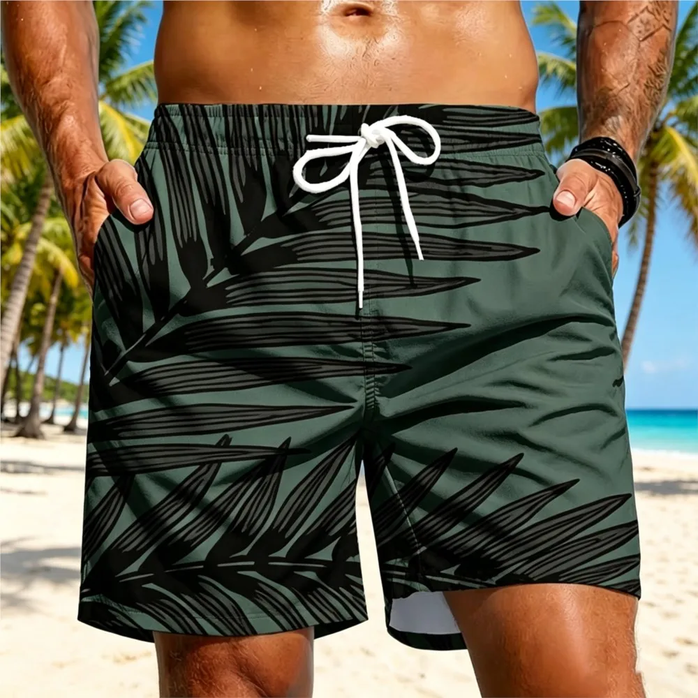2026 Men's Quick Dry Swim Trunks Tropical Palm Leaf Print Beach Shorts Elastic Waist Drawstring Board Shorts with Pockets Casual