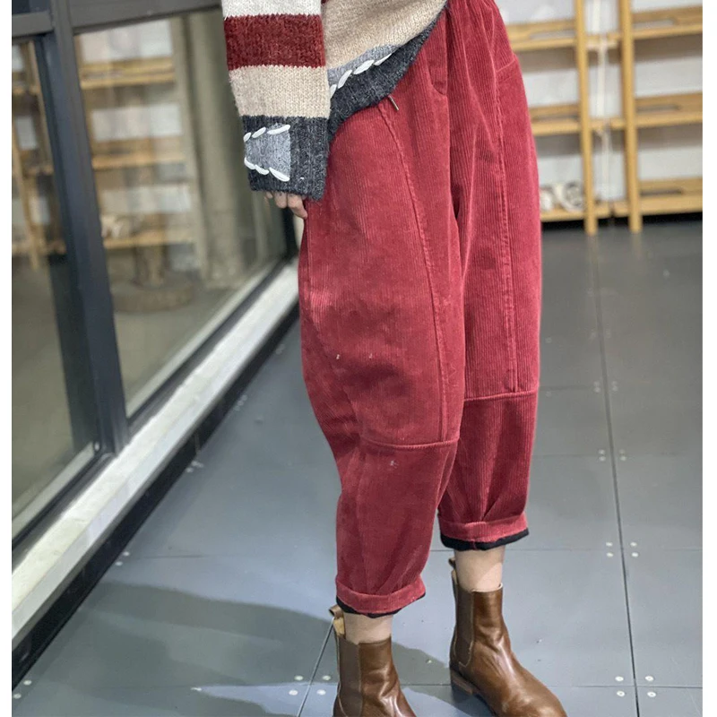 Women Vintage Corduroy Loose Velvet Thick Warm Harem Pants Y2K Female Casual Streetwear Baggy Trousers Autumn Winter Pantalones