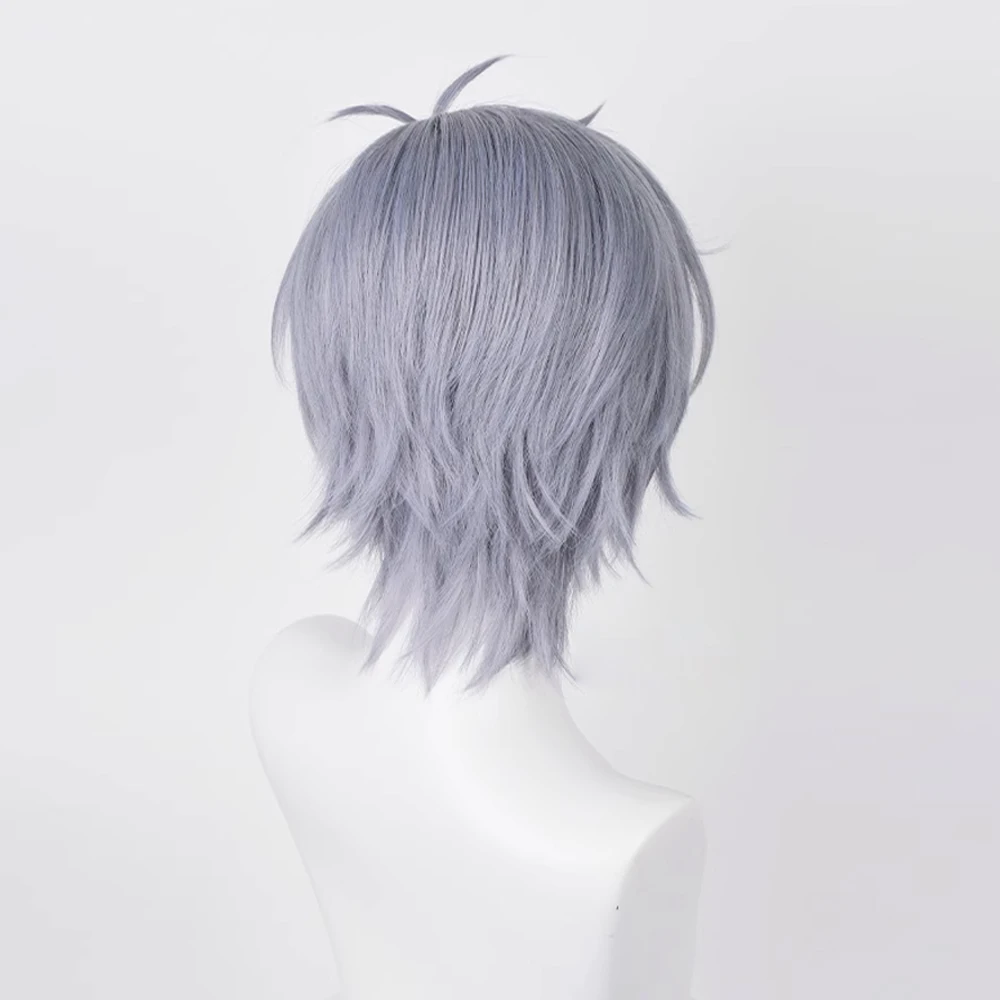 RANYU Synthetic Short Straight Blue Grey Wig Anime Game Cosplay Men Heat Resistant Hair Wig for Party