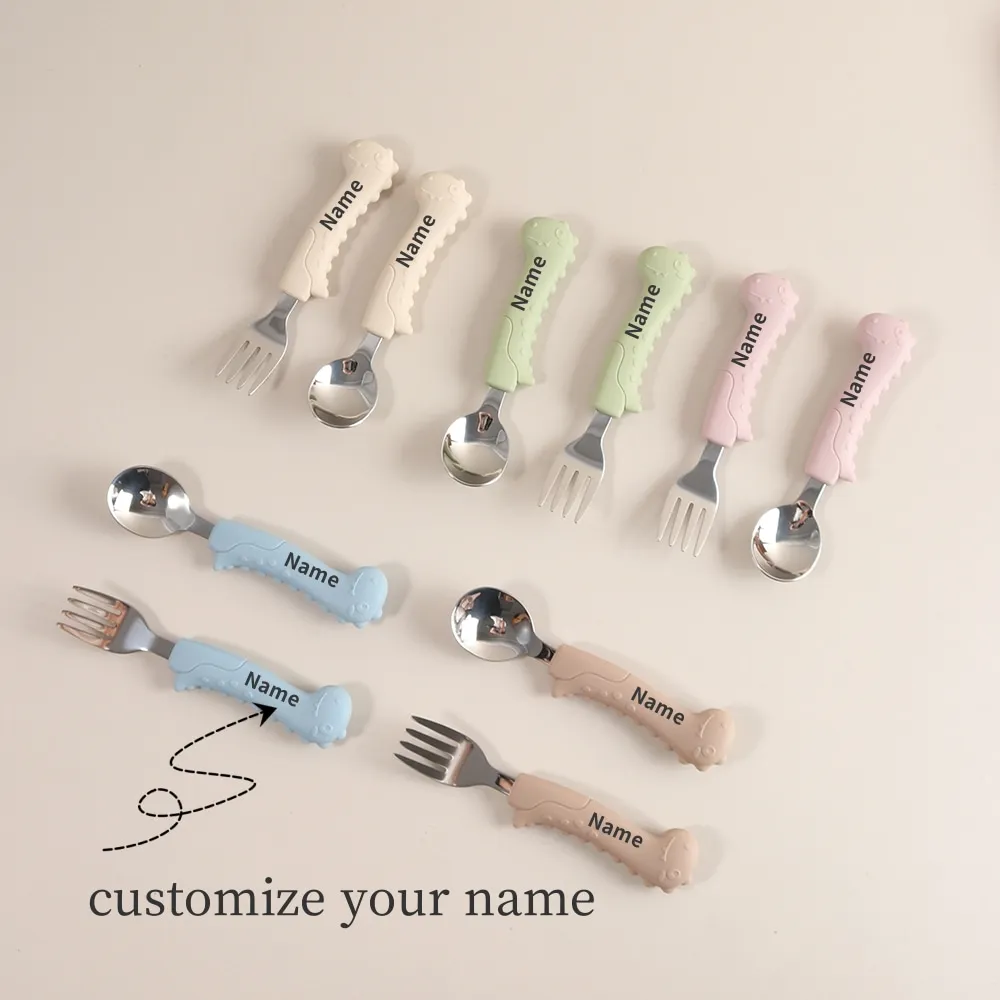 Custom Name Baby Dinosaur Spoon Fork Set First Self Feeding Utensils for Toddlers Stainless Steel Weaning Set