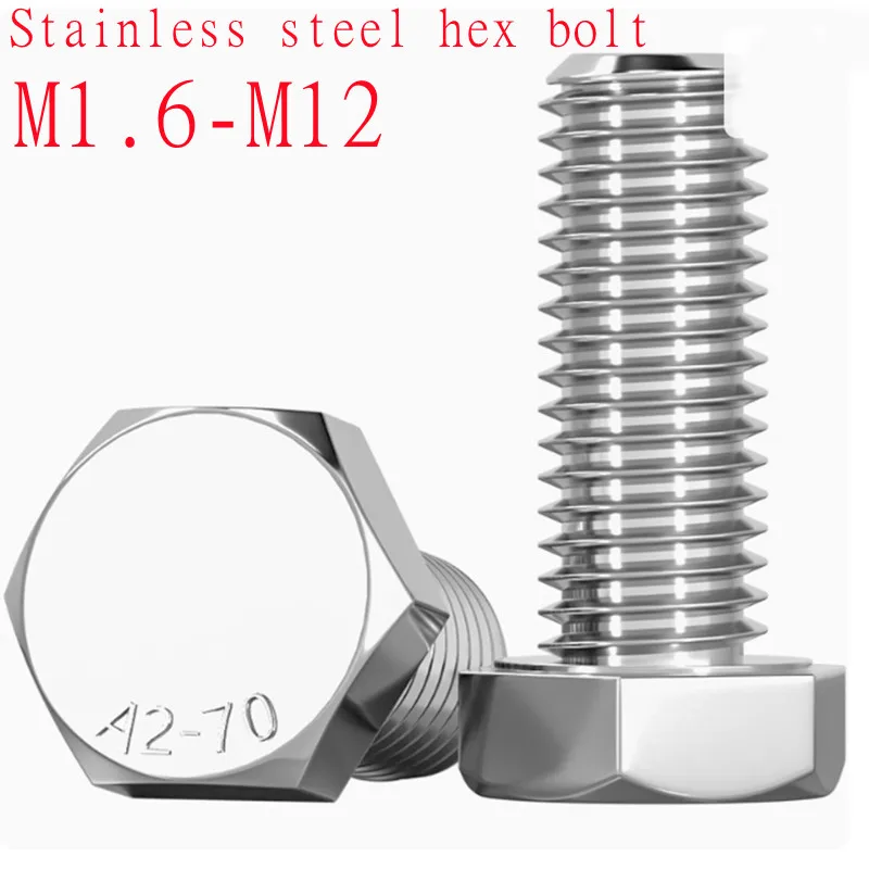 A2-70 304 Stainless Steel DIN933 Hex Head Bolts Metric Size M1.6-M10 External Hexagon Screws