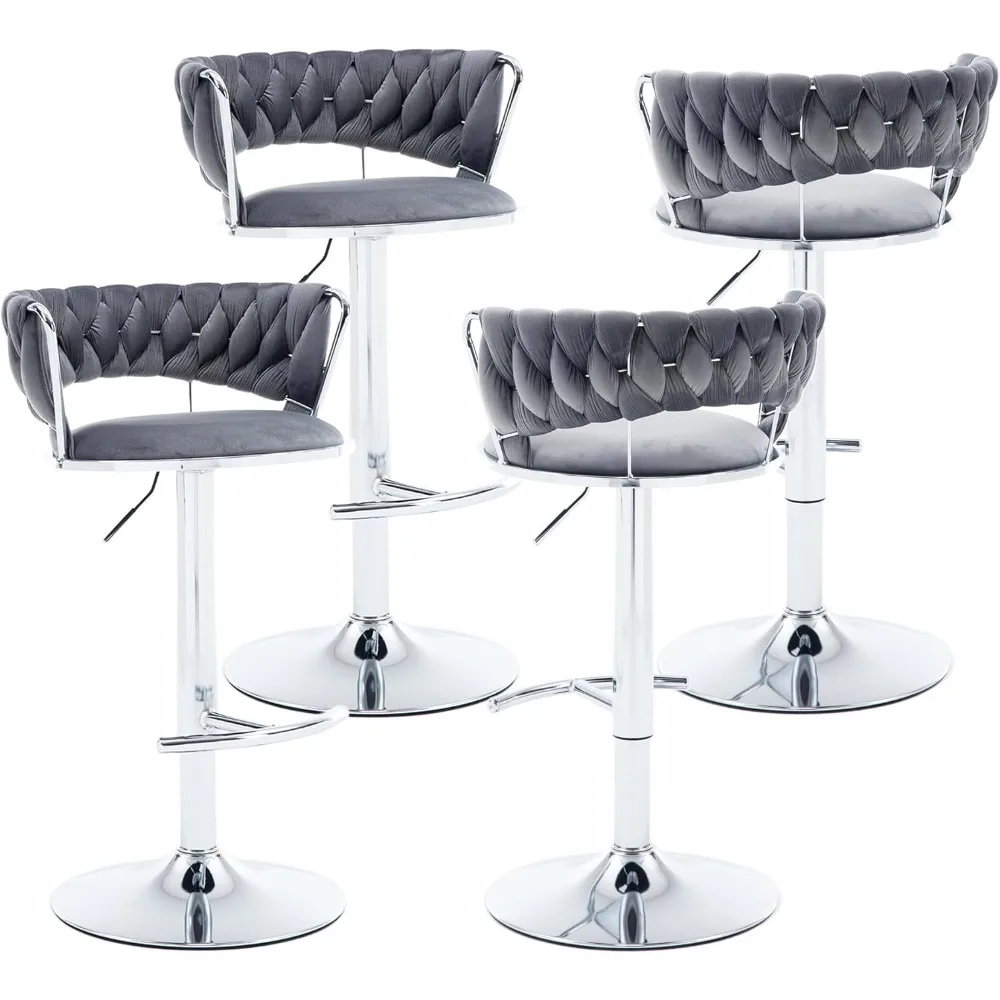 Swivel Bar Stool, Set of 4, Velvet Seat Cushion, 360° Swivel, Woven Hollow Back with Base, for Kitchen Island, Dining Chair