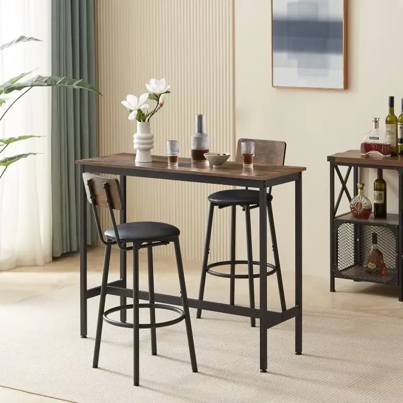 Modern Rustic Brown Bar Table Set with 2 PU Soft Seat Bar Stools Home Dining and Bar Application