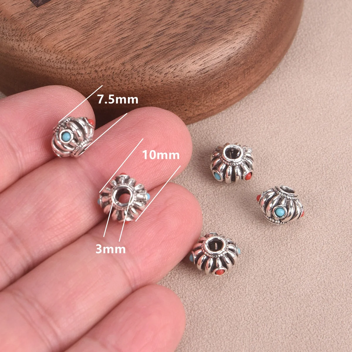 5pcs Nepalese Buddhist Tibetan Silver Color Red Blue Dots Loose Beads For Jewelry Making DIY Crafts Findings