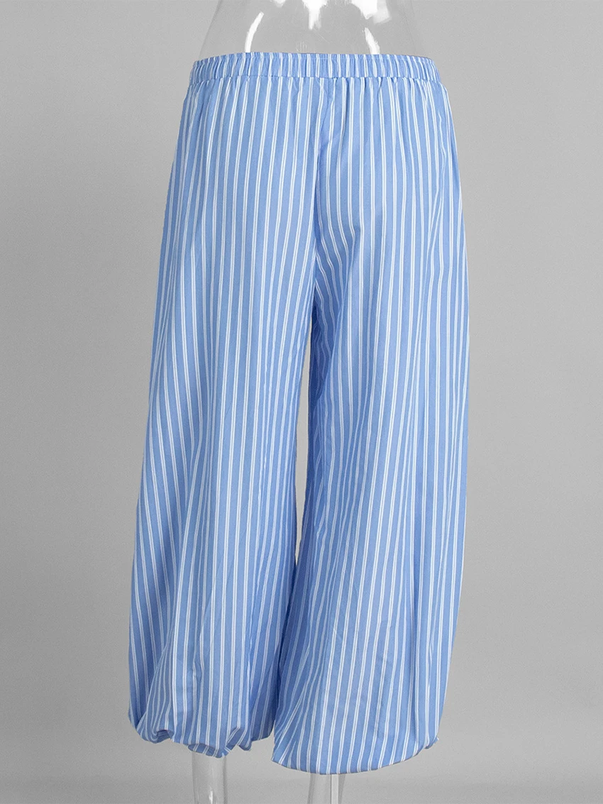 Parc Fee Fashion Loose Blue Stripe Women's Pants 2025 Casual High Waist Wide Trousers Elegant Classic Full Length Pants Female
