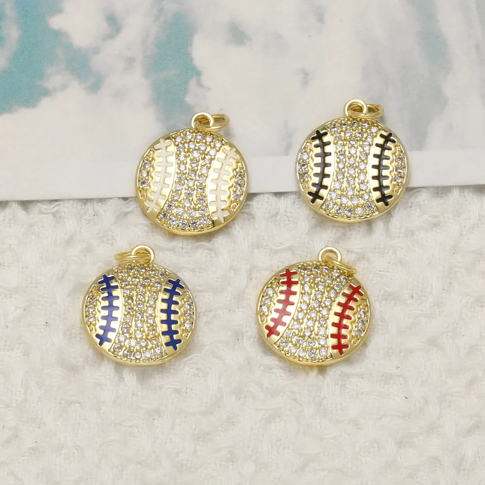 OCESRIO Enamel Baseball Pendants Gold Plated Copper Crystal Sports Charms for Necklaces Jewelry Making Supplies DIY pdtc018