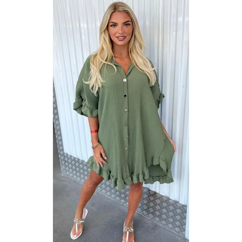 Woman's Pleated Button Up Shirt Dress Ruffle Sleeve Shirt Pleated Mini Frilled Loose Dresses Summer Streetwear