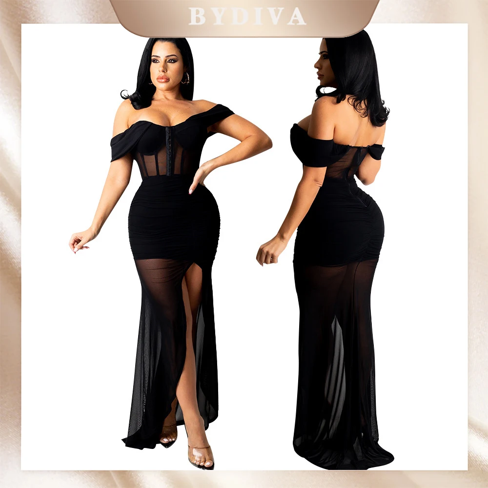 BYDIVA – robe longue transparente en maille pour femmes, épaules dénudées, fente haute, Sexy, Clubwear de nuit