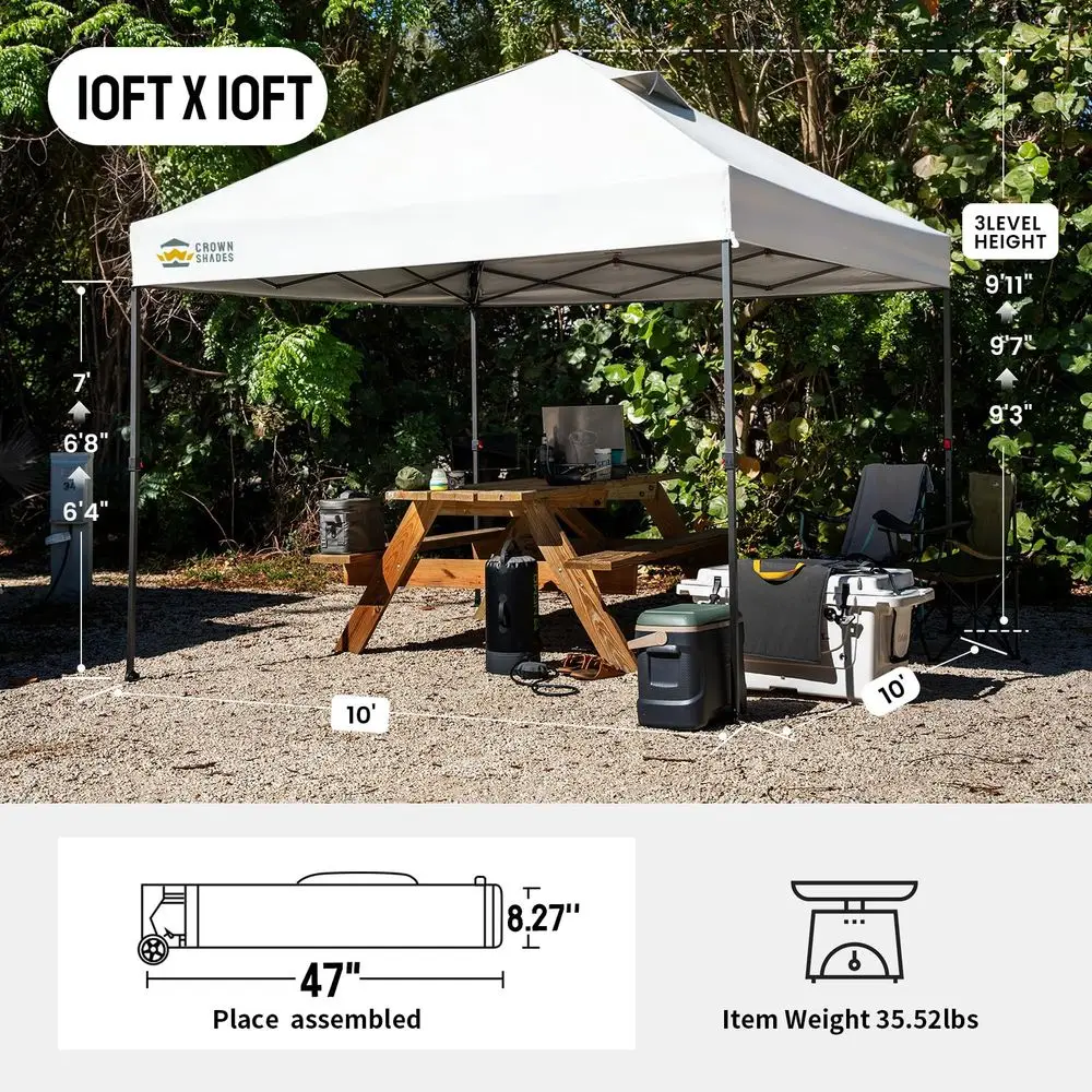 

Пляжный тент-шатер 10x10 Pop Up Canopy с запатентованной центральной системой блокировки One Push Instant, в комплекте с сумкой STONGo, 8 колышками и 4 мешками для песка.