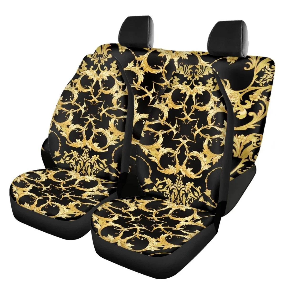 Golden Baroque Pattern Car Accessories Soft Non-Slip Washable Interesting Anti-dirt Front Back Seat Cover Set for Auto Truck Van