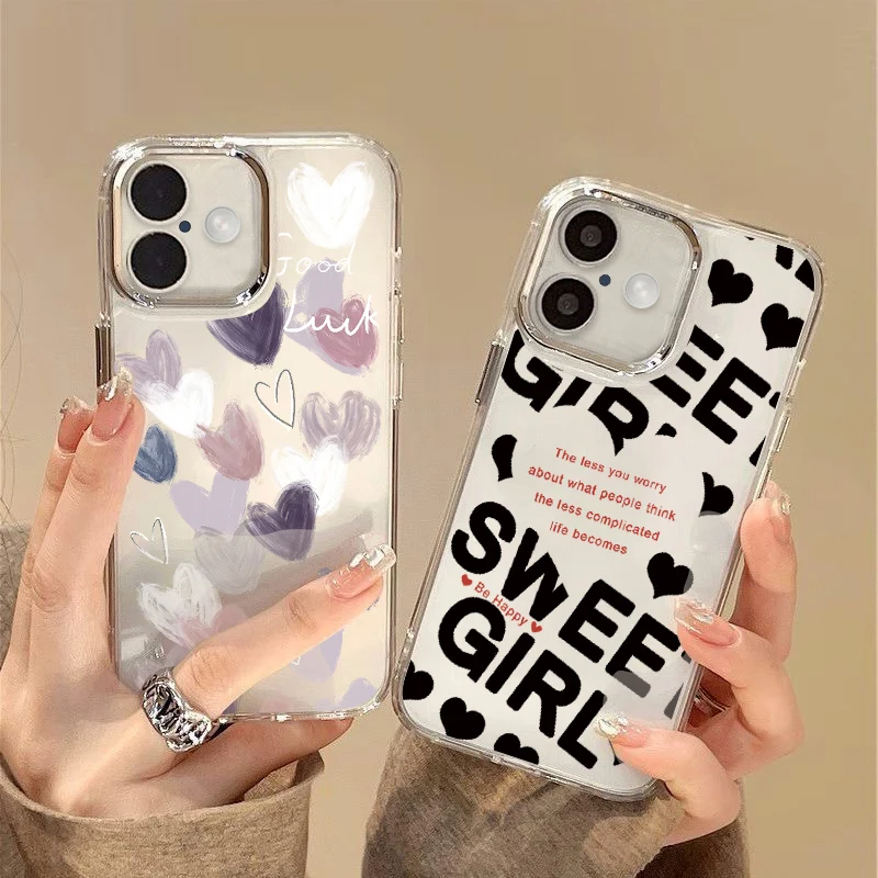 Luxury Sweet Girl Love Hearts Case For iPhone 15 Pro Max Coque iPhone 14 16 Pro Max 11 12 13 Plating Lens Frame Silicone Cover