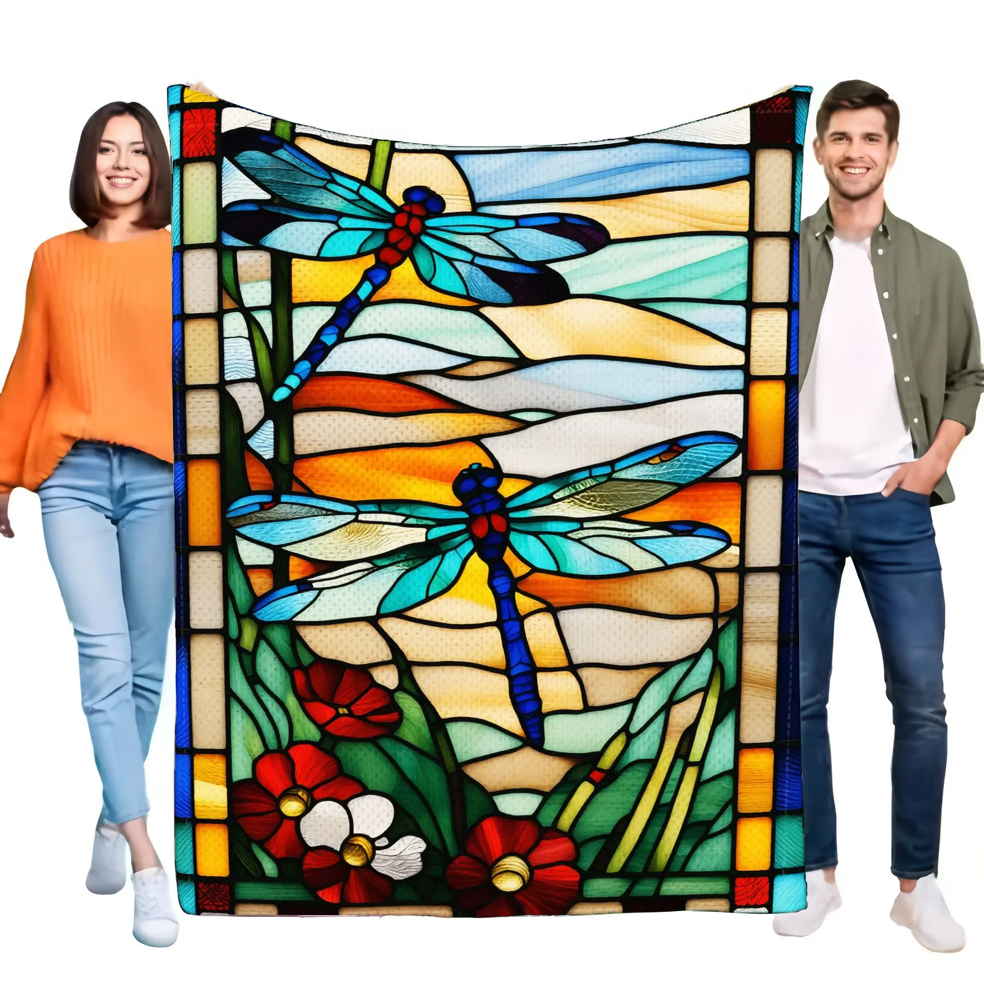 Stained Glass Dragonfly Blanket Soft Cozy Throw for Sofa Bed, Warm Lightweight Decorative Home Accent, Perfect Birthday Gift for