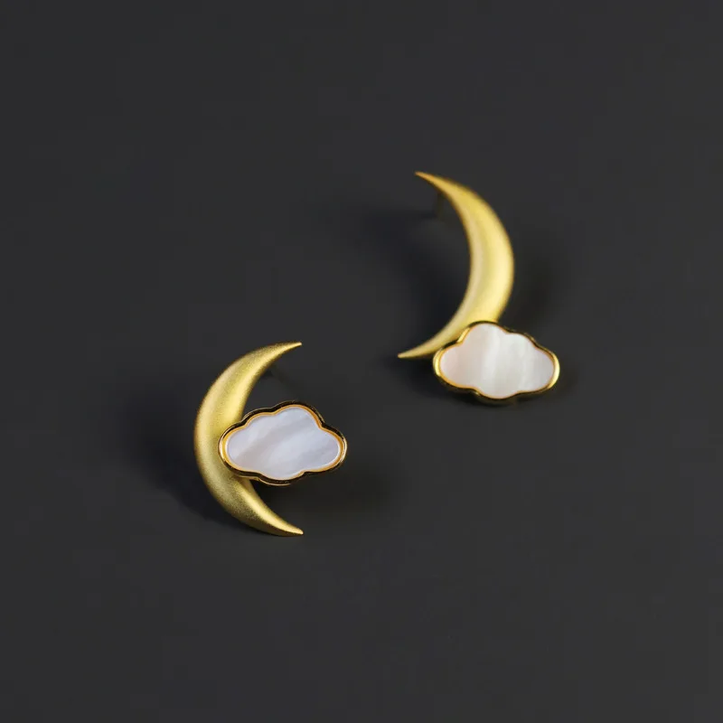 

Lotus Fun Moon and Clouds Stud Earrings 18K Gold Plated Real 925 Sterling Silver Fine Jewelry