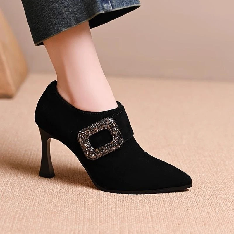 Spring Autumn Women Suede Pointed Toe Short Boots Side Zipper High Heel Ankle Booties Black Versatile Single Lining Casual Shoes