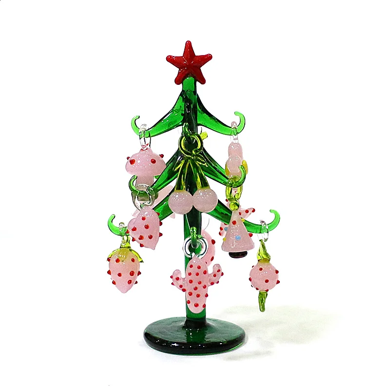 

Glass Christmas Tree with 12pcs Mini Pink Sea Star Cactus Candy Strawberry Egg Flower Heart Cherry Bow Mushroom Pumpkin Pendant