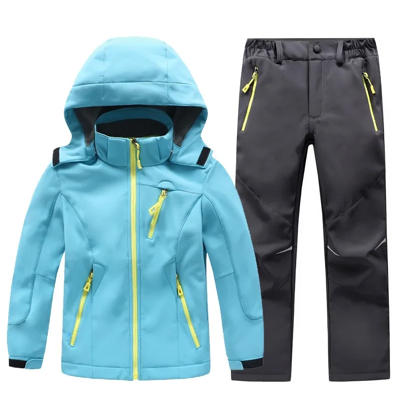 Herbst Winter Junge Mädchen Mantel Hosen Set Haube Im Freien Camping Wandern Ski Snowboard Kleidung Student Winddicht Wasserdichte Jacke