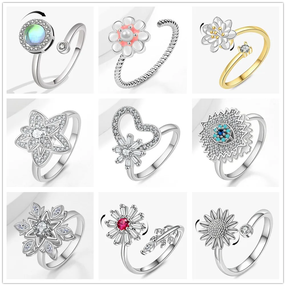 Dainty Flower Rotating Fidget Ring for Women Adjustable Open Ring with Copper Inlay And Sparkling Rhinestones Fashion Jewelry