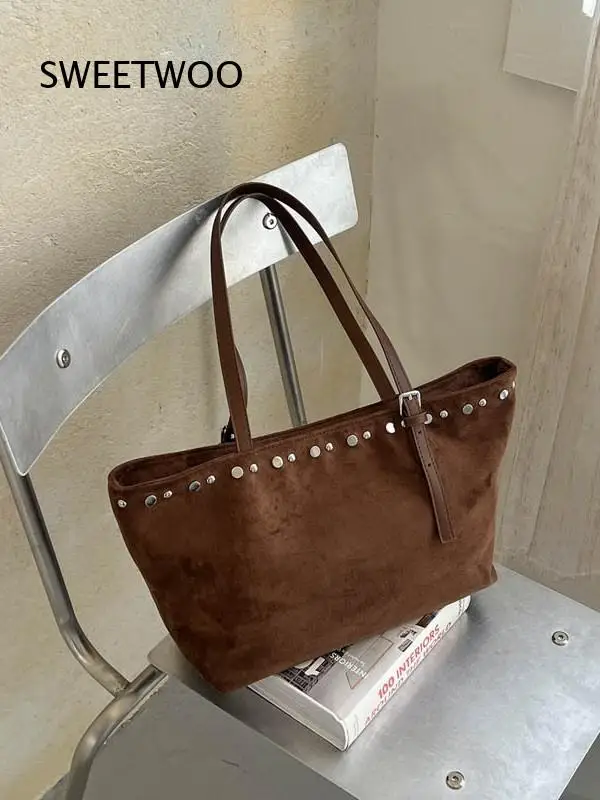 Brown Faux Suede Tote Bag Silver Rivet Decor Adjustable Shoulder Strap Large Capacity Fall Commute Purse