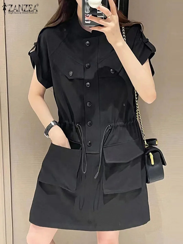 ZANZEA Short Sleeve Women Cargo Vestidos Work Wear Korean Fashion Drawstring Waist Casual Short Sundress Button Up Mini Dress