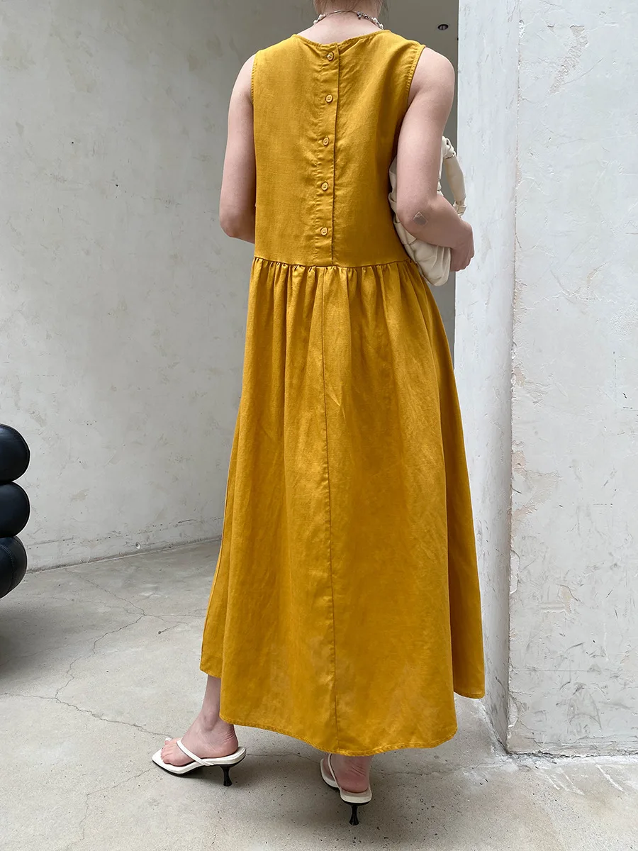 Sommerliches, lässiges, einfarbiges, ärmelloses Patchwork-Kleid mit Rundhalsausschnitt für Damen – Detail 17