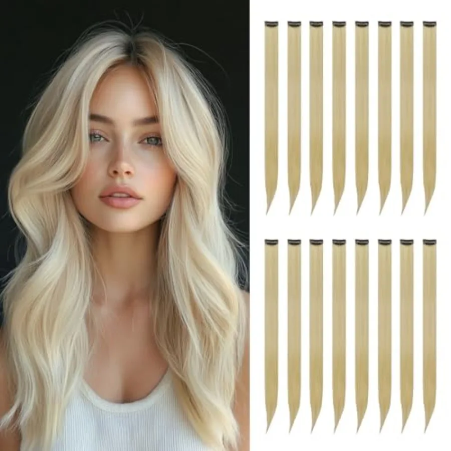 

Clip in Hair Extensions for Girls and Women, 16 Pcs Synthetic Rainbow Hairpieces, 22 Inch Platinum Color, Easy Application and