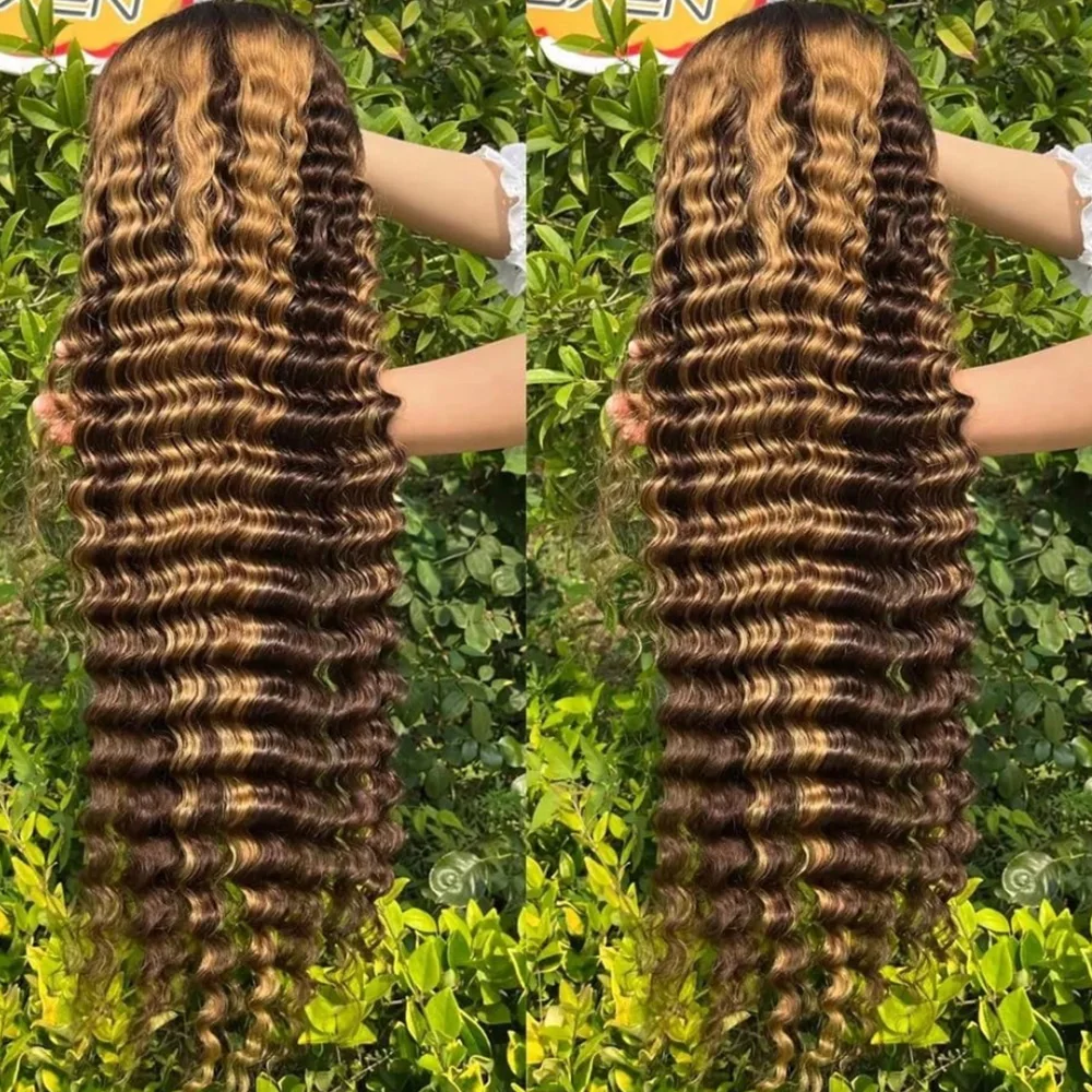 13x4 HD Deep Wave Lace Front Wig Human Hair, Ombre 4/27 Highlight Brown Brazilian Curly Wig, Pre Plucked 250% Density Lace Front Wigs for Women