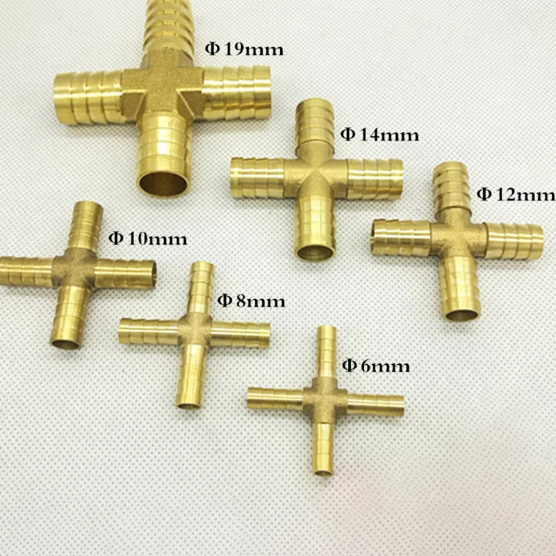 Cross Brass Barb Pipe Fitting 4 Way Connector for 4mm 6 8mm 10mm 12mm 14mm 16mm 19mm Hose Copper Pagoda Air Water Tube Fittings