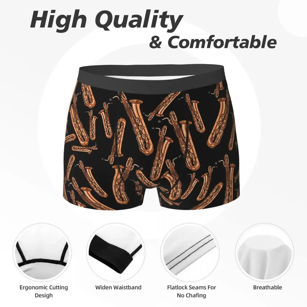 Cuecas boxer para homens, shorts boxer, calcinha preta, barítono, padrão saxofone, roupa interior ventilada, presentes de namorado