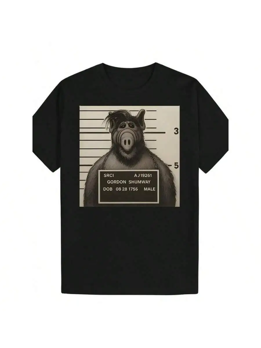 Men's Criminal Pig Mugshot Graphic T-Shirt Gordon Shumway Design Lightweight Black Tee For Costume Parties & Attire - Machine