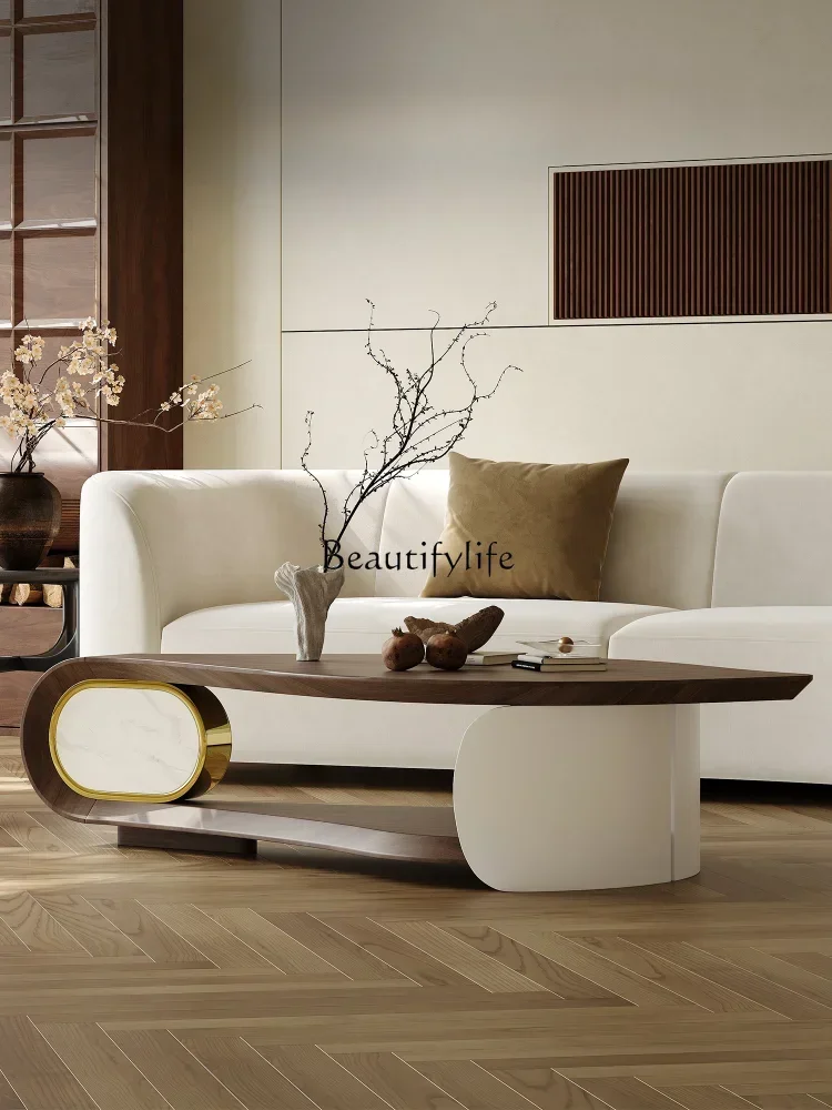 

06Leaves Tea Table Special-Shaped Stone Plate Veneer of Juglans Regia Small Apartment Style Art