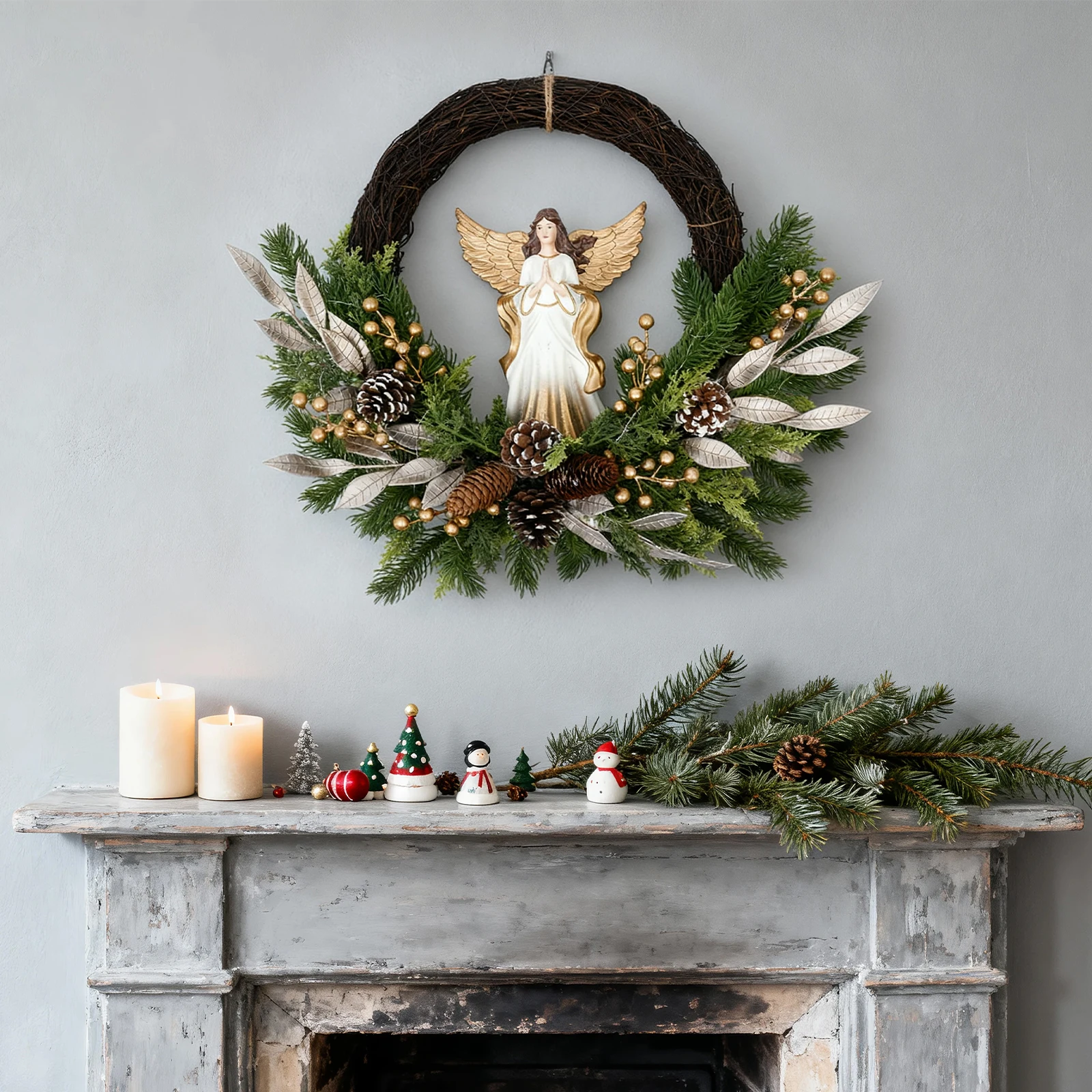 

24 Inch Christmas Wreath with Angel and Pinecone, Holiday Front Door Decor for Christmas, Front Porch, and Holiday Season Decora