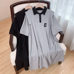 Vestido bordado de manga curta para mulheres, gola solta POLO, 160kg plus size, preto e cinza, 7XL 8XL 9XL 10XL 11XL, busto 170, verão