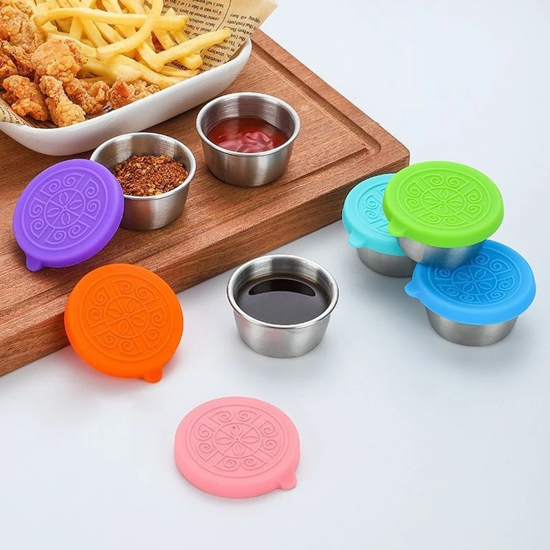 Sauce Cup Silicone Cover Leak-proof Salad Tomato Sauce Bento Condiment Dish 304 Stainless Steel Sauce Cup Small Storage Box