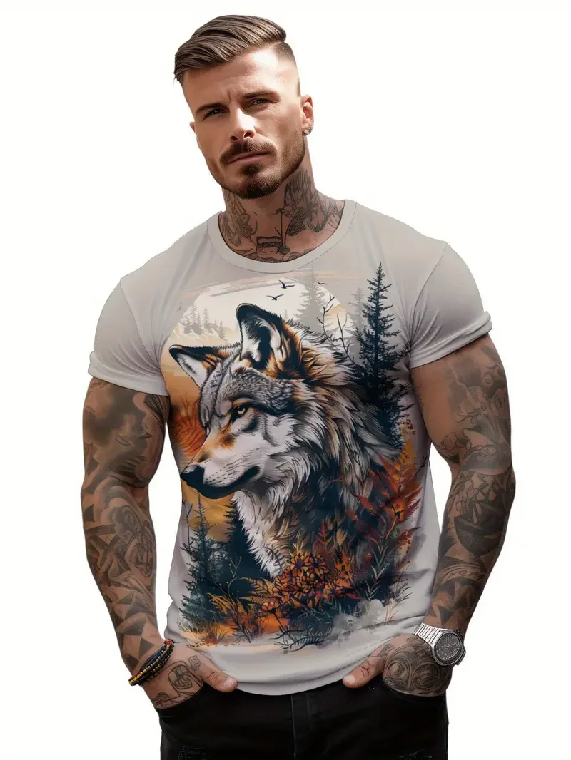 Animal Wolf Pattern Men\'s T shirt Fashion Crew Neck Short Sleeve Sport Tee Versatile Comfortable T-shirt Athletic Style Clothing