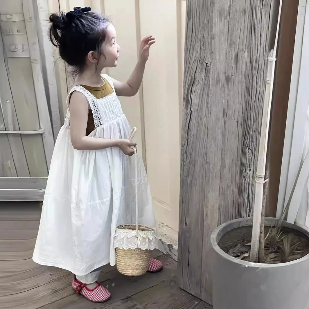 Girls Casual Dresses Princess Summer New Korean 2024 White Lace Flower Edge Vest Long Childrens Clothing Hollowing Out