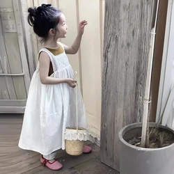 Girls Casual Dresses Princess Summer New Korean 2024 White Lace Flower Edge Vest Long Childrens Clothing Hollowing Out