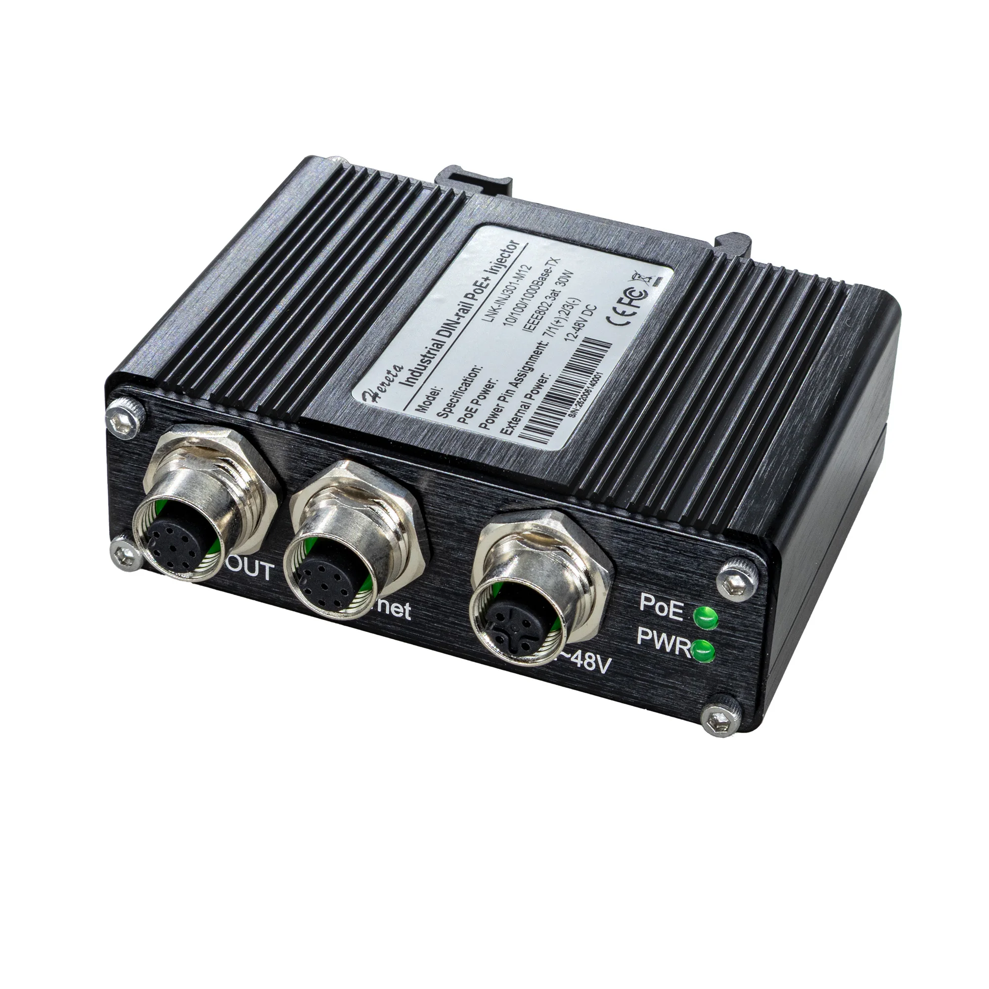 Industrial Gigabit M12 PoE Ethernet Injector 12~48VDC Input 30W DIN-Rail/Wall Mount EEE802.3af/at Aluminium Case