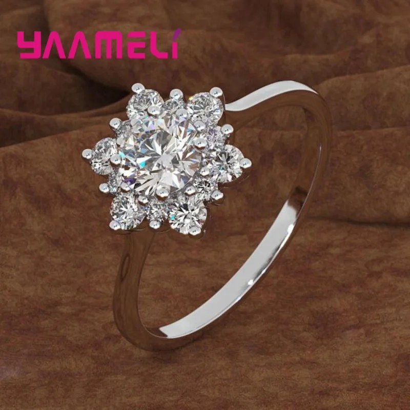 S925 Sterling Silver Snowflake Flowers Ring Transparant Clear Cubic Zirconia Micro Inlay  New Fashion Women\'s Jewelry