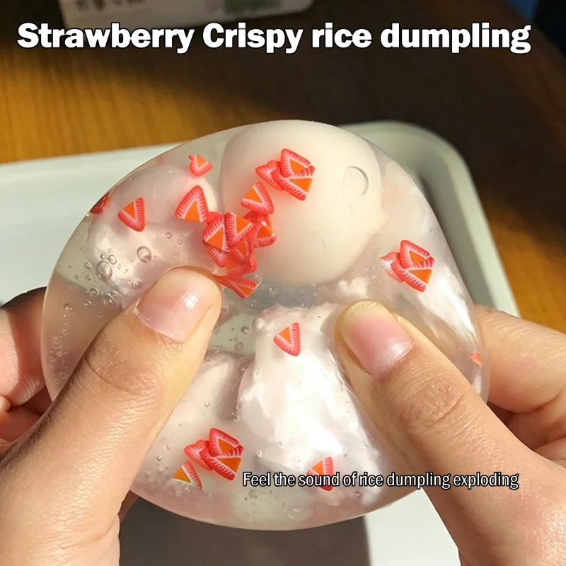Strawberry Tangyuan Crispy Squish Ball Squeeze Toy Maltose Filled, Slow Rebound Stress & Anxiety Relief Sensory Creative Toy