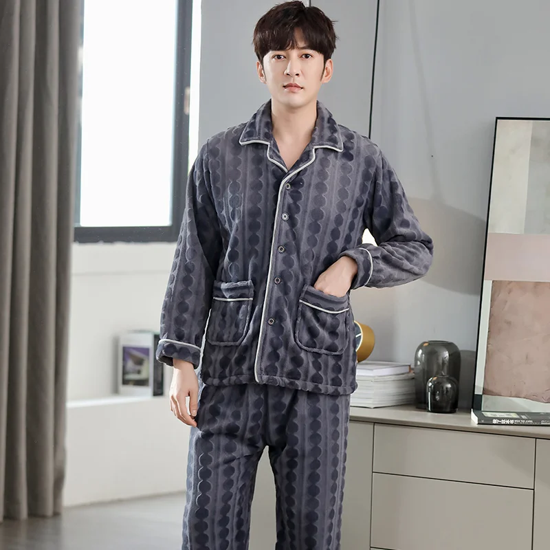 

Newest Men's Winter Thicken Warm Flannel Pajamas Sets Male Long Sleeve Cardigan Pajamas Sleepwear Homewear Casual Pyjama Pijamas