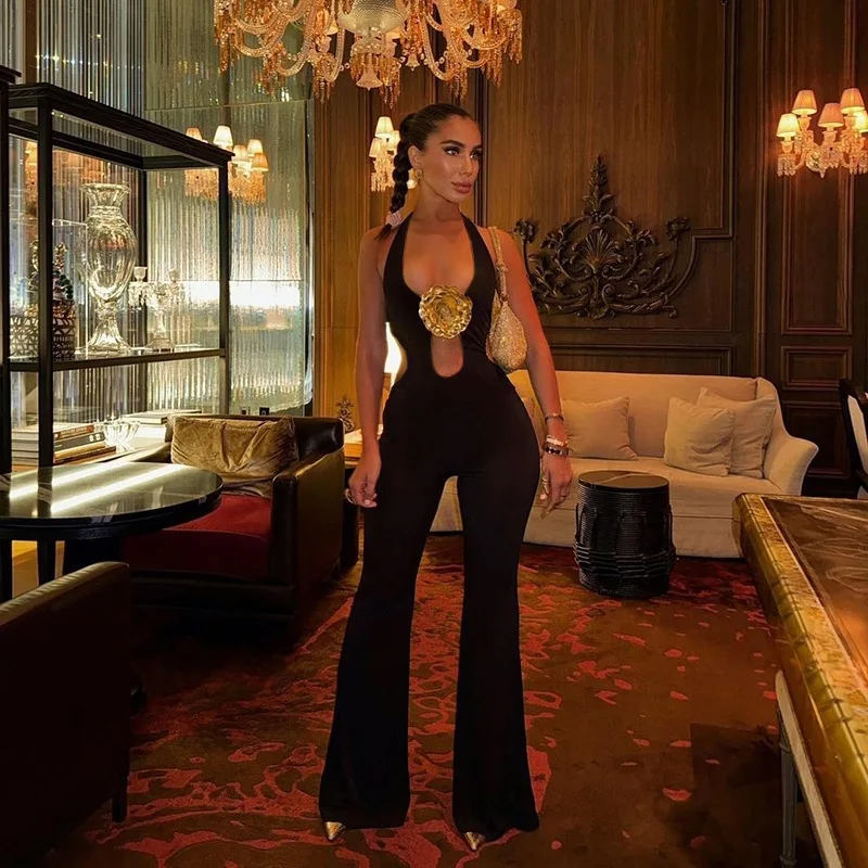 بدلة نسائية فردية سوداء مثيرة مجوفة معلقة على الرقبة بدون أكمام متوسطة التمدد مناسبة للخياطة ثلاثية الأبعاد على شكل زهور مستقيمة الساق #6