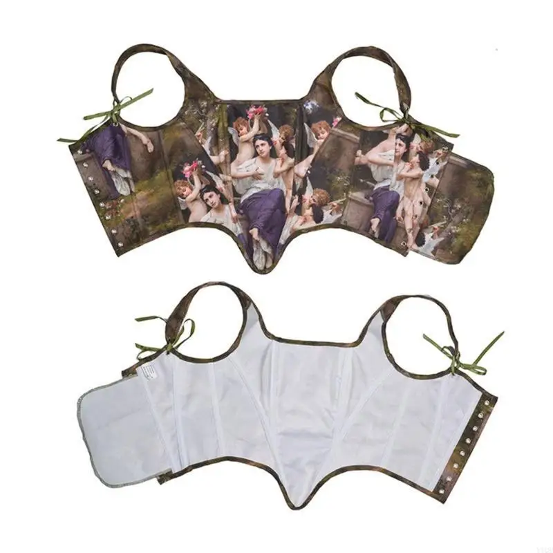 Retro Oil Painting Pattern Bustier Back Tied Closure Soft Corset Band Top For Special Occasion Halloween Party